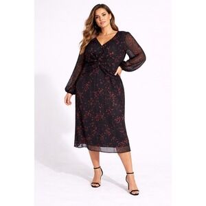 Lane Bryant Black Floral Twist Front Midi Dress Long Sleeve Size 20